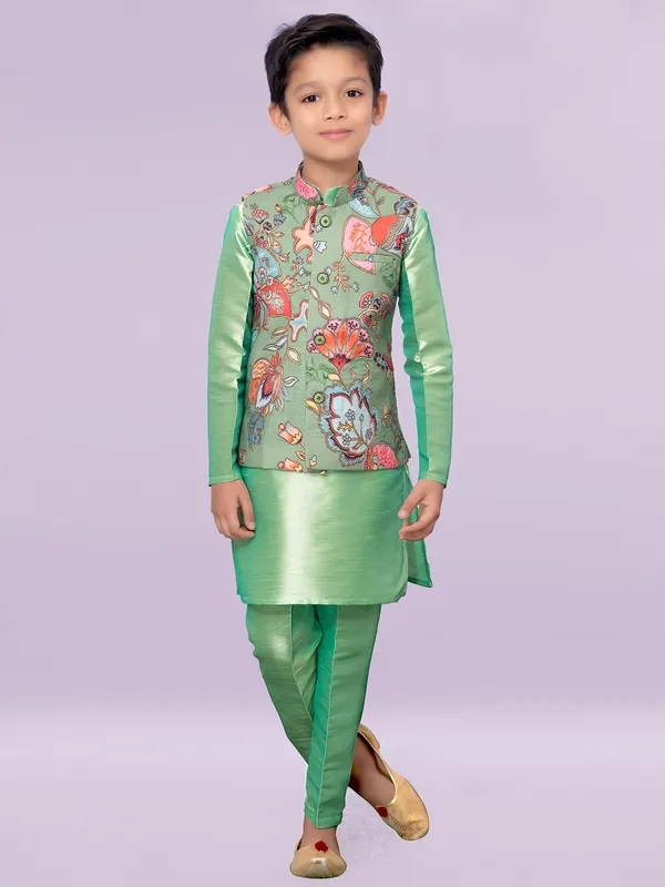 Pista green printed silk waistcoat set for boys