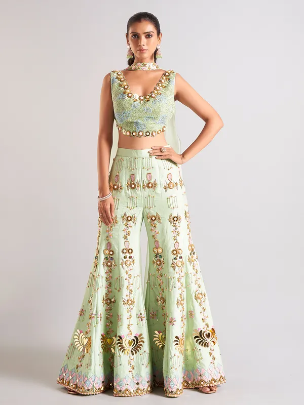 Pista green raw silk palazzo salwar suit