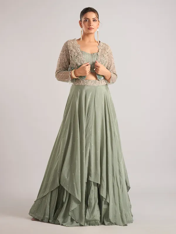 Pista green satin jacket style lehenga choli in silk