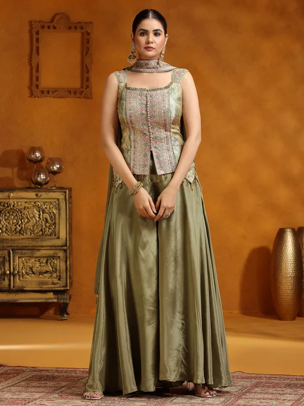 Pista green satin silk palazzo suit with dupatta