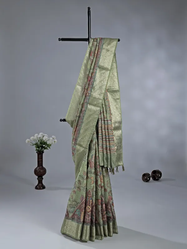 Pista green semi cotton festival wear saree