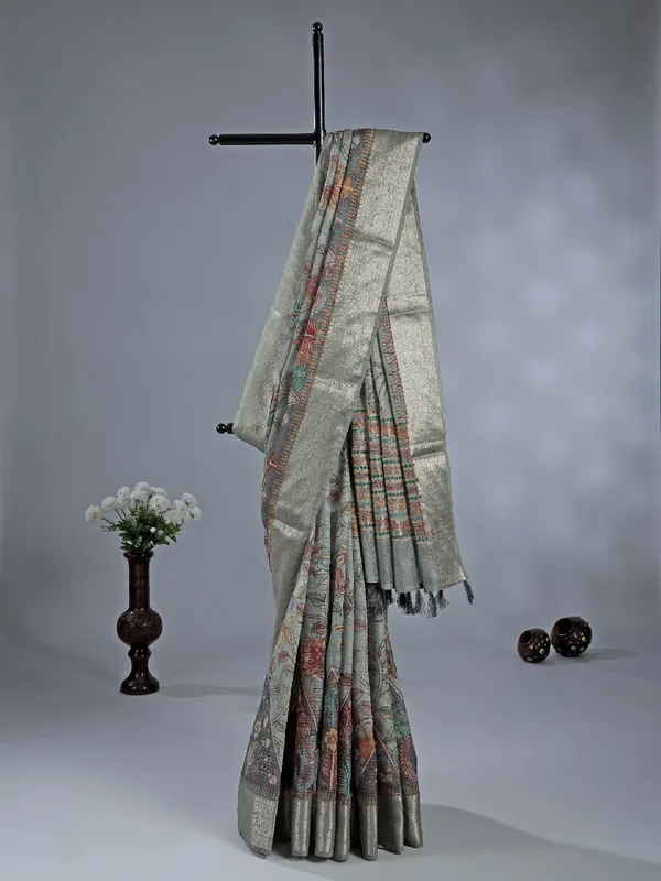 Pista green semi cotton saree with printed