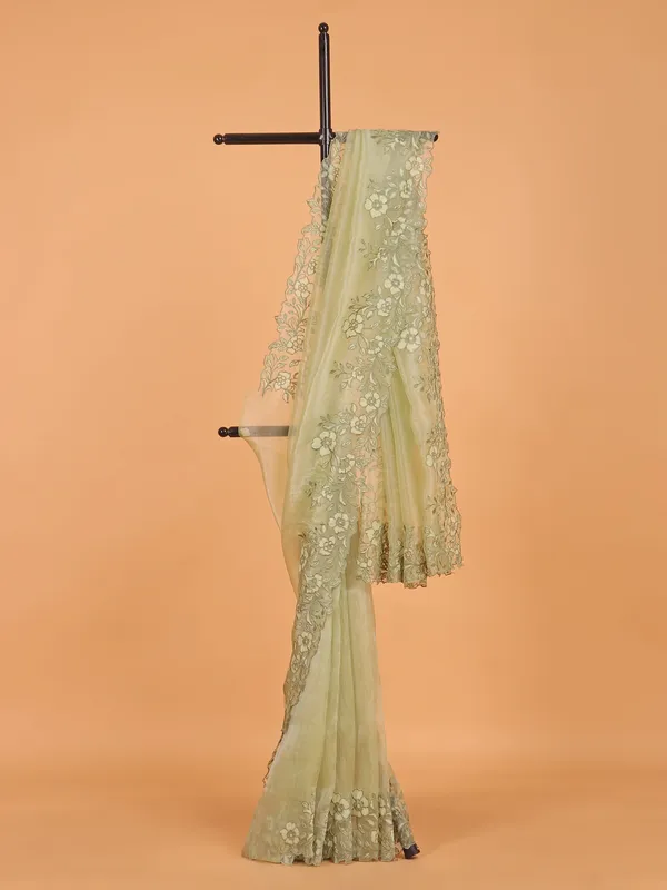 Pista green semi organza saree for women