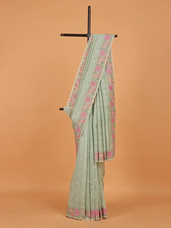 Pista green semi silk saree for festive wear