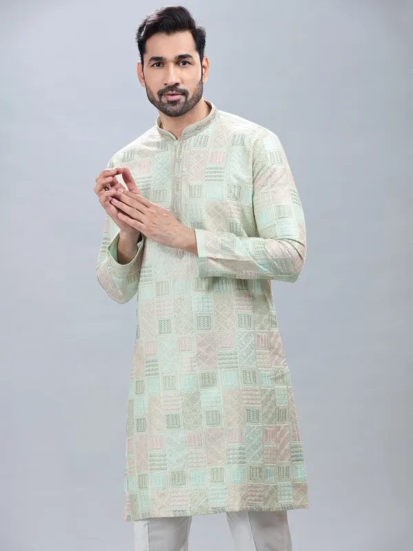 Pista green silk festive wear kurta set for men