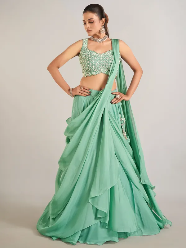 Pista green silk lahenga choli for wedding