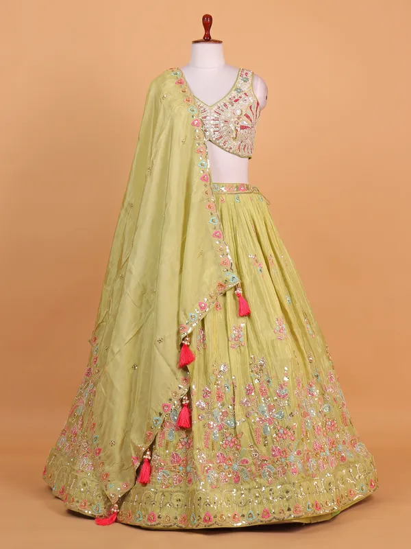Pista green silk lehenga choli for wedding wear