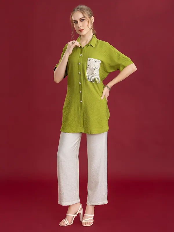 Pista green silk palazzo co-ord set featuring fine embroidery