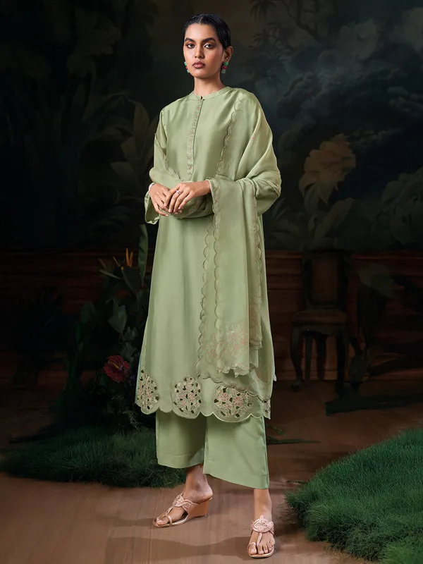 Pista green silk palazzo suit for women