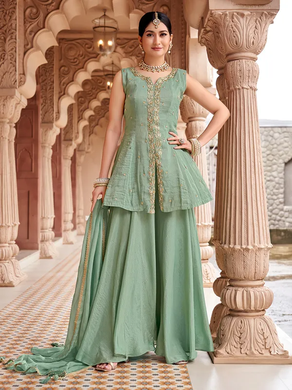 Pista green silk palazzo suit with dupatta for women