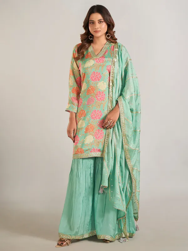 Pista green silk printed sharara suit for wedding