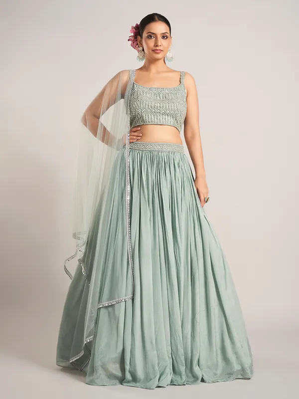 Pista green silk reception wear lehenga choli