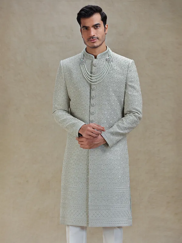Pista green silk sherwani for wedding