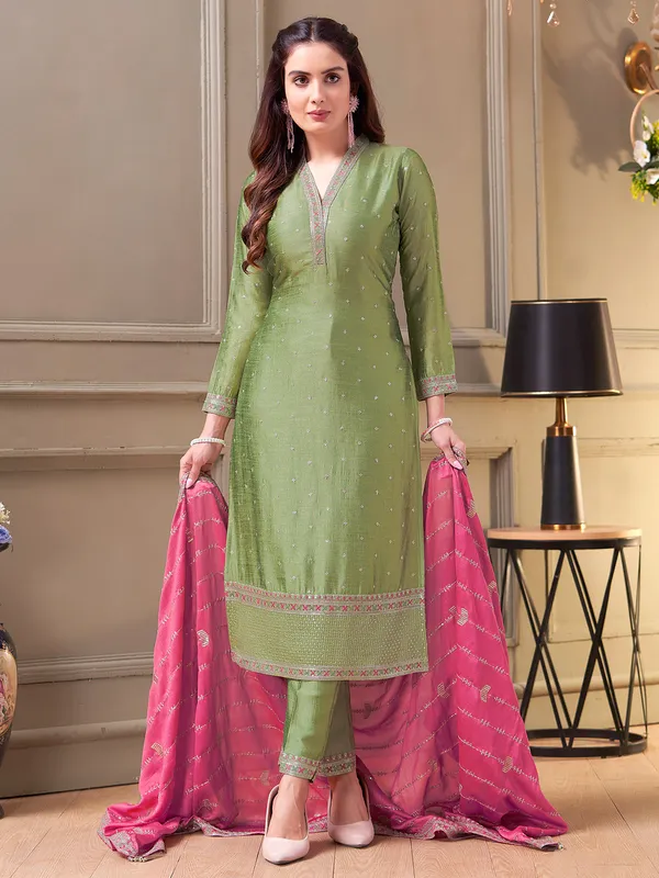 Pista green silk straight cut salwar suit