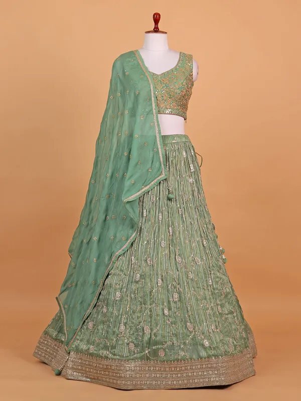 Pista green silk striped lehenga choli for women