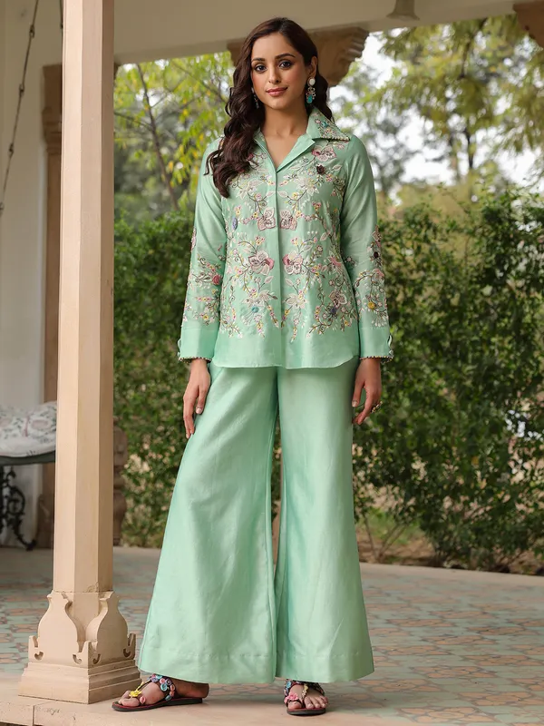Pista green silk tencel pakistani co-ord set
