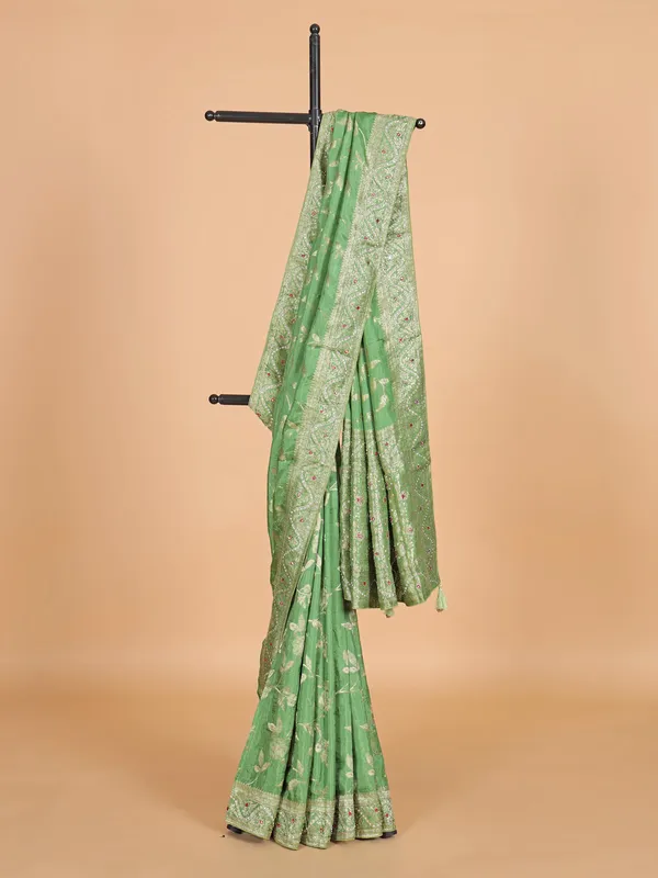 Pista green silk zari weaving saree for women