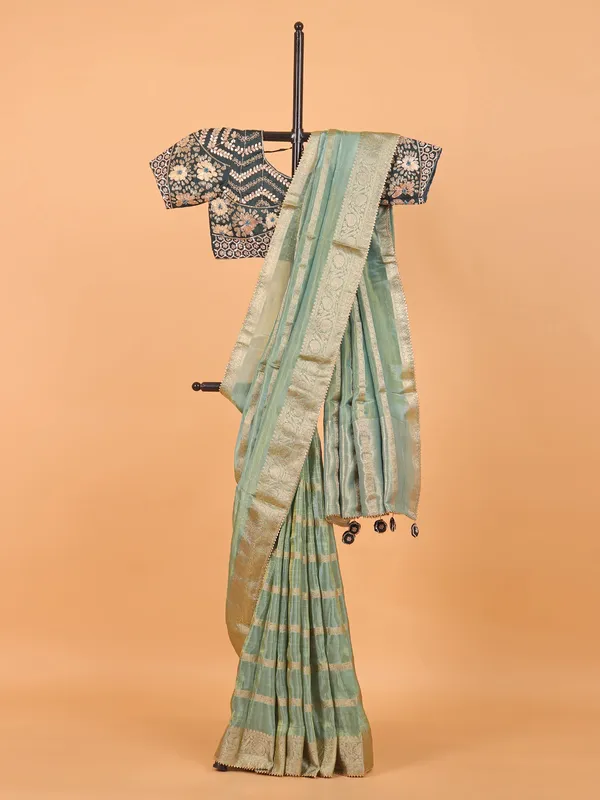 Pista green soft organza saree with ready made blouse