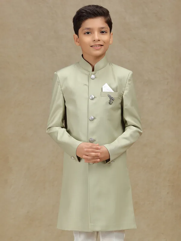 Pista green terry rayon indowestern for boys