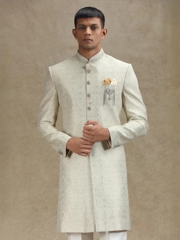 Pista green textured jacquard zari weaved indo western