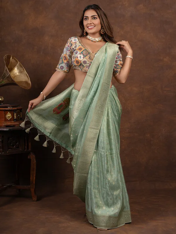 Pista green tissue silk saree for wedding