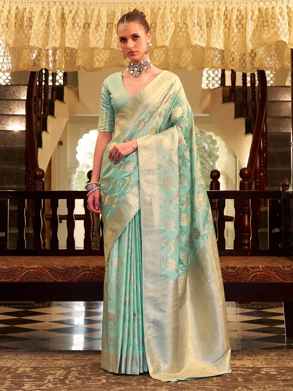 Pista green zari worked satin silk saree