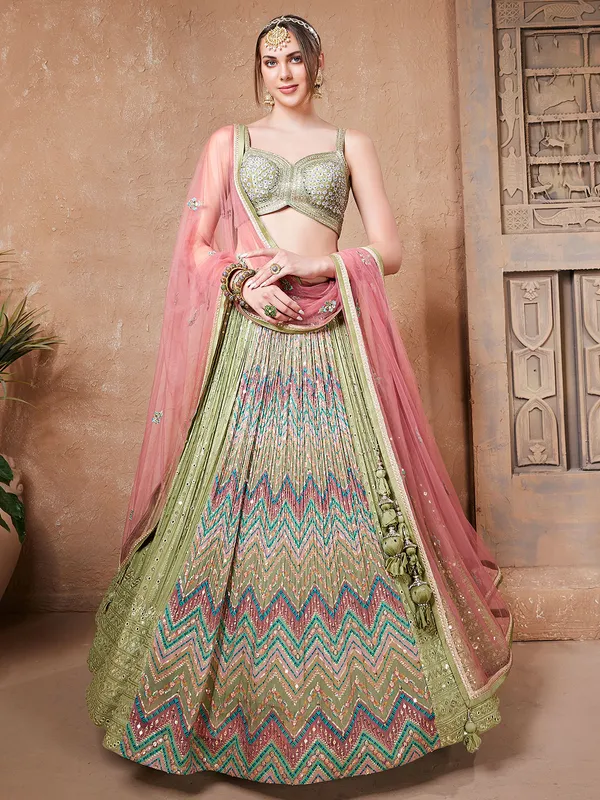 Pista green zig zag pattern lehenga choli