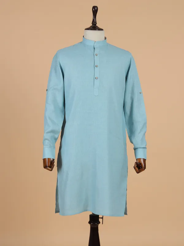 Plain aqua blue cotton silk kurta set for men