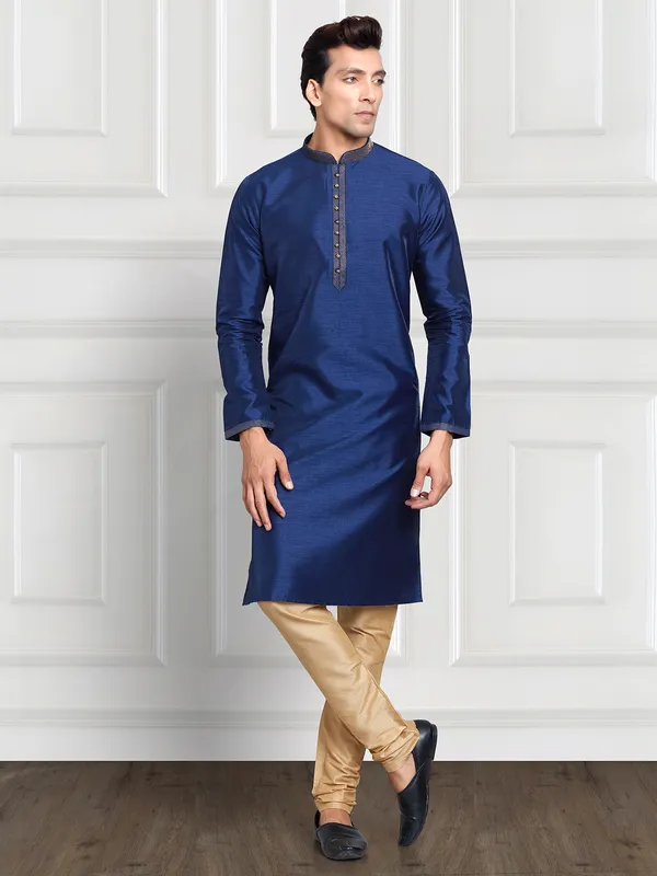 Plain navy cotton silk kurta suit