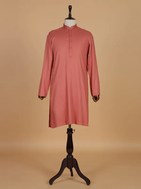 Plain peach cotton silk festive style kurta suit