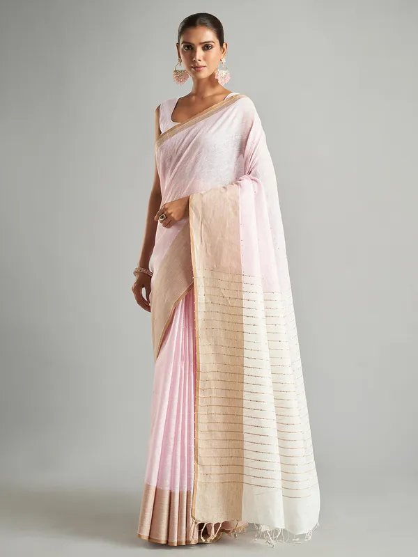 Plain pink cotton linen saree