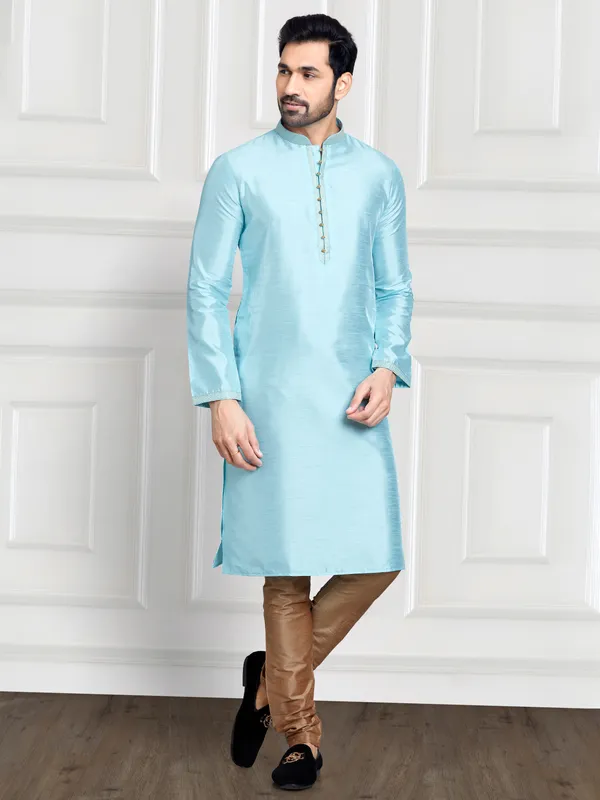 Plain sky blue cotton silk kurta suit