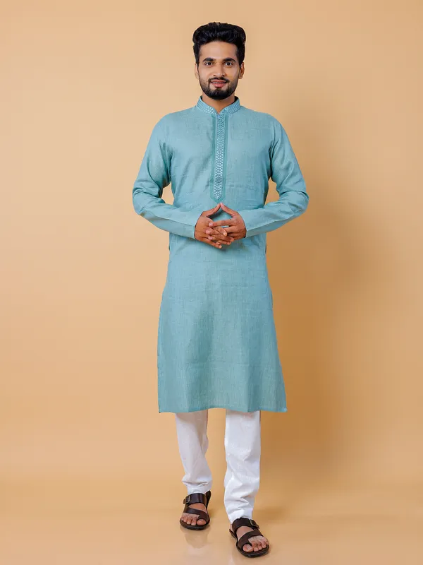 Plain stone blue silk kurta suit