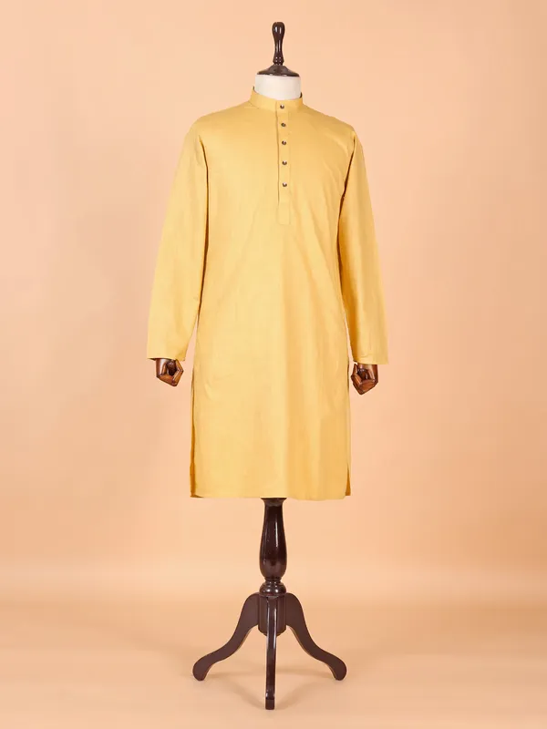 Plain yellow cotton silk festive style kurta suit suit for men