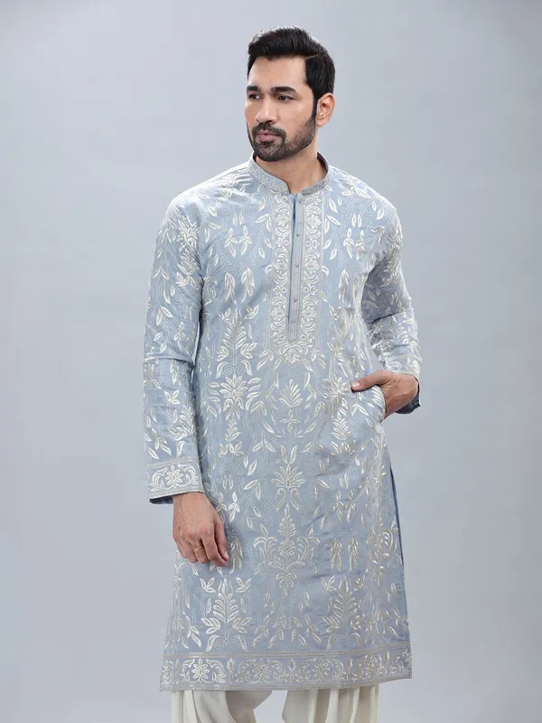 Powder blue cotton silk kurta set with matching patiyala