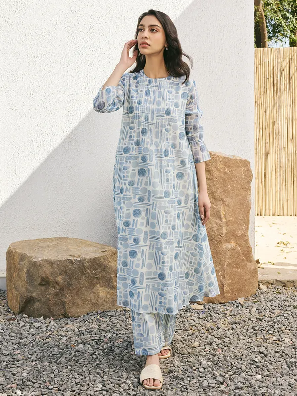 Powder blue printed muslin cotton  salwar suit
