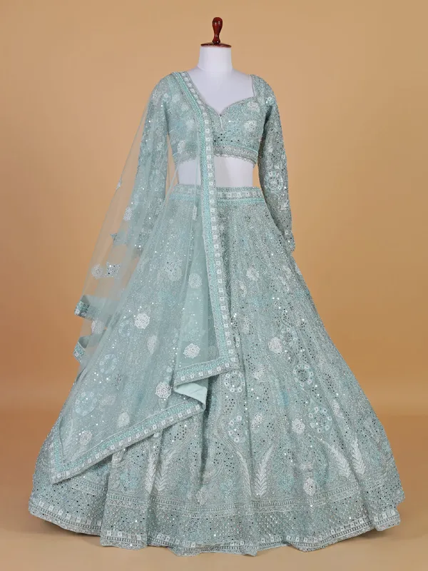 Powder blue wedding style net lehenga choli
