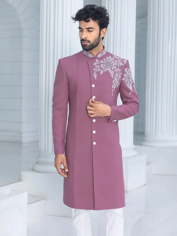 Powder pink terry rayon Indowestern for man