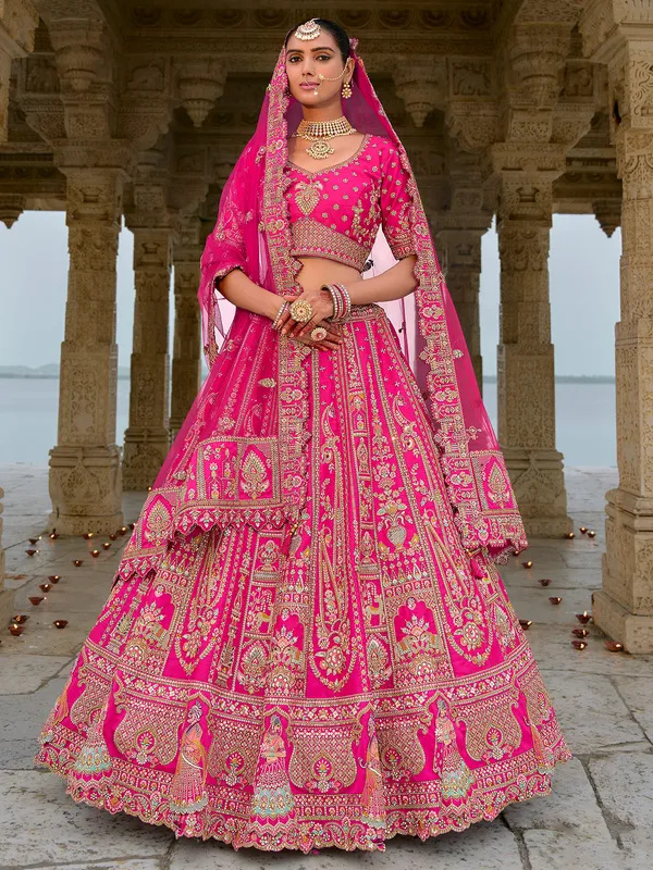 Premium wedding pink silk unstitched lehenga choli