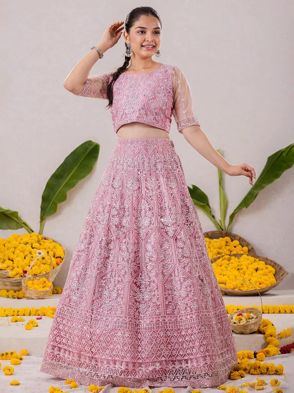 Pretty pink net party wear lehenga choli