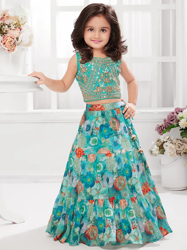 Pretty rama green silk lehenga choli for girls