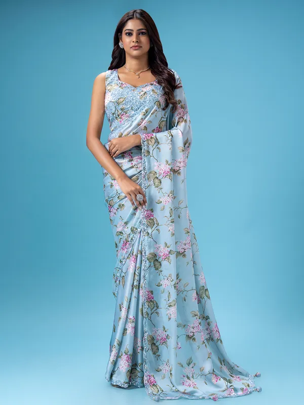 Pretty sky blue printed mashru silk saree