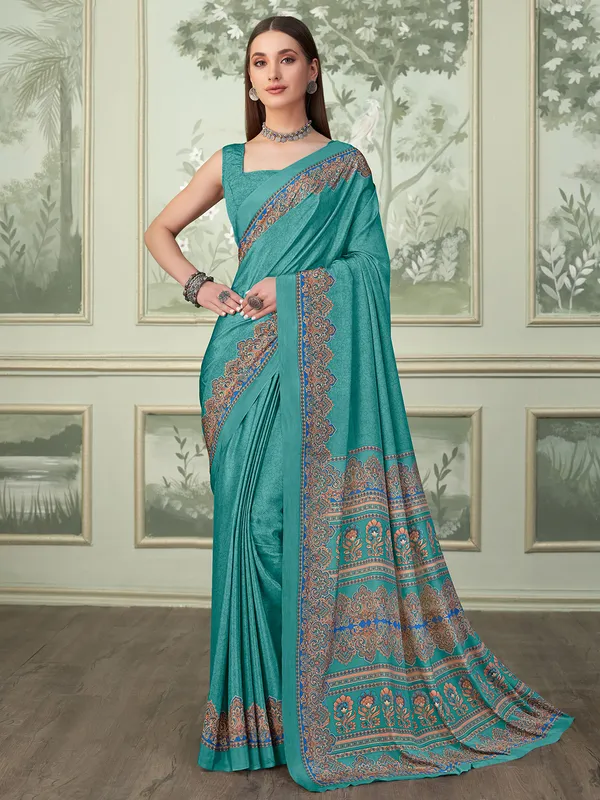 Printed aqua crepe saree