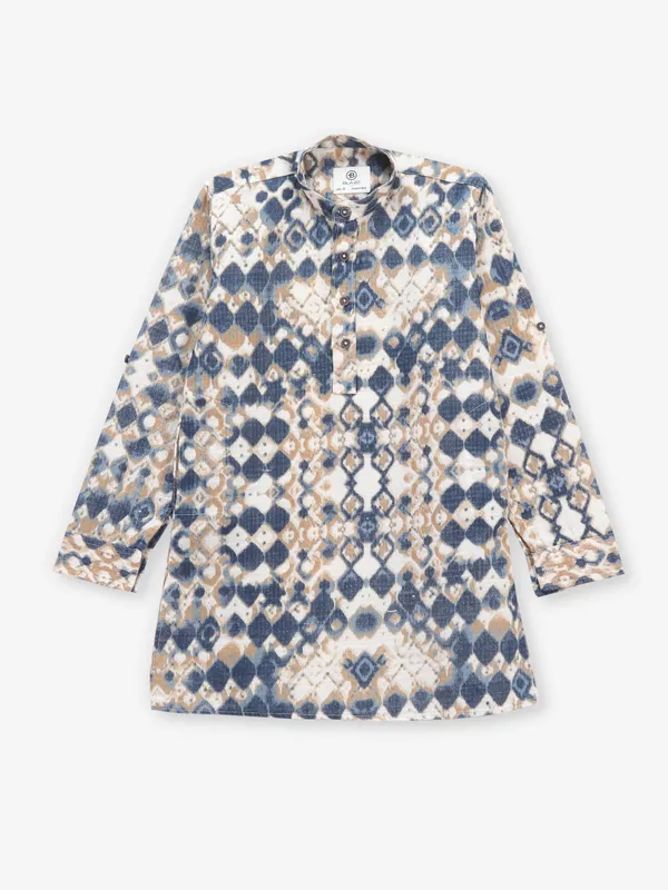 Printed beige and blue cotton kurta style shirt