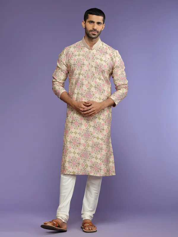 Printed beige and pink silk kurta suit