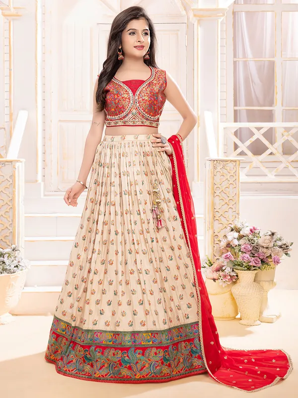 Printed beige and red silk lehenga choli