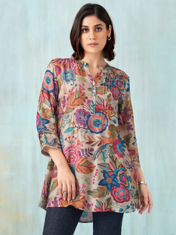 Printed beige cotton silk top for women