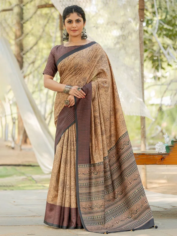 Printed beige kozi silk saree