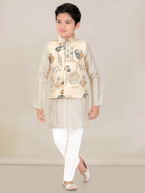 Printed beige silk waistcoat set for boys