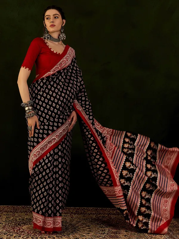 Printed bhagalpuri silk saree in black and maroon